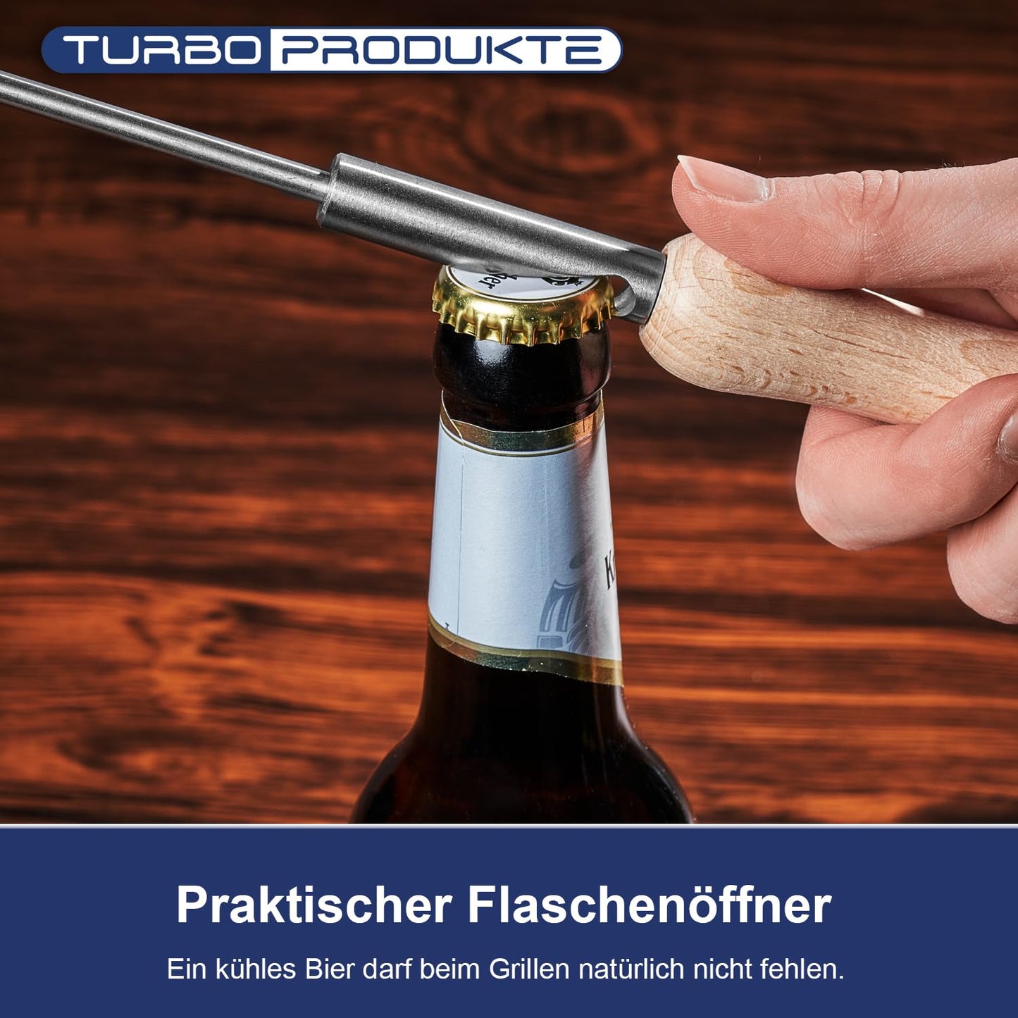 turbo grillhaken öffnet bierflasche mit integrierten Flaschenöffner