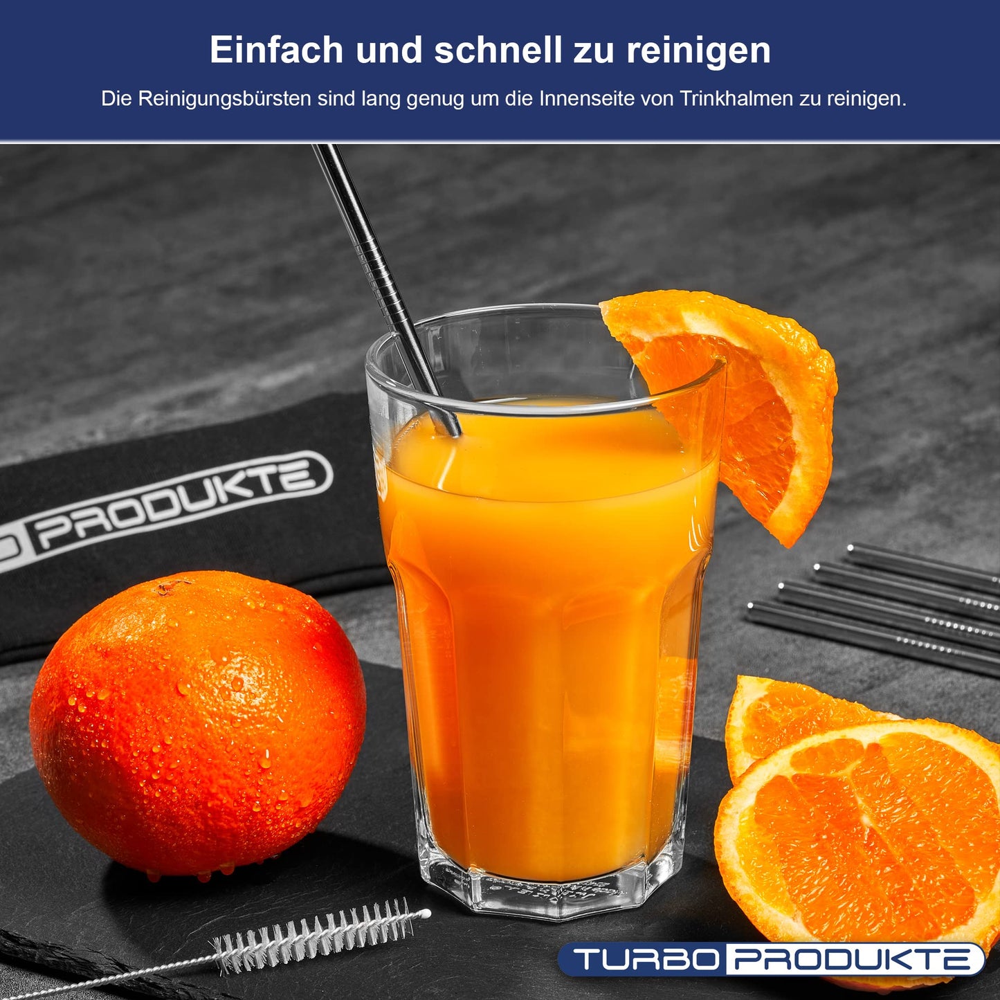 turbo strohhall silber Edelstahl in Orangensaft abgebildet mit Reinigungsbürste